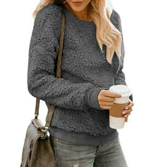 Gray sherpa long sleeve fleece Sweatshirt xlarge - Picture 3 of 6